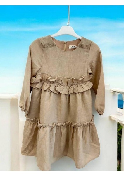 Kız Çocuk Pamuklu Mevsimlik Astarlı Fırfırlı Bol Elbise