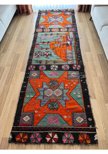 100 x 343 cm Turuncu ve Siyah El Dokuması Türk Kilimi, Camii ve Ender Motifler, Yün Yolluk