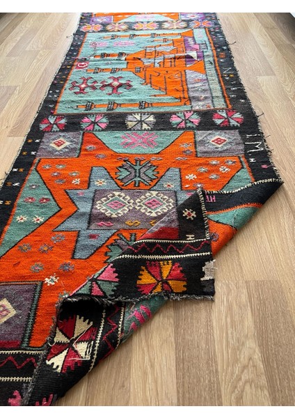 100 x 343 cm Turuncu ve Siyah El Dokuması Türk Kilimi, Camii ve Ender Motifler, Yün Yolluk