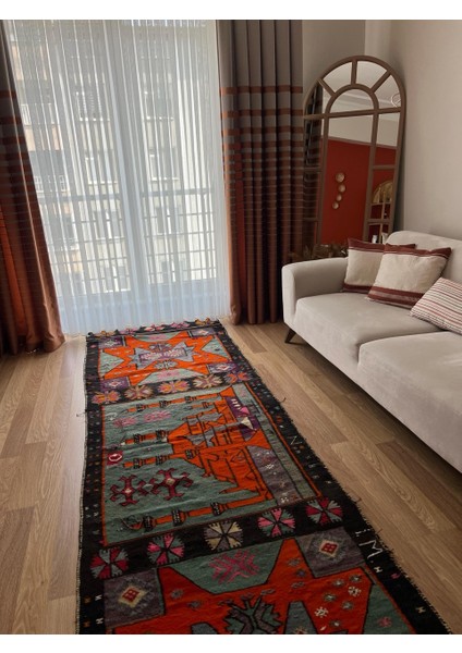 100 x 343 cm Turuncu ve Siyah El Dokuması Türk Kilimi, Camii ve Ender Motifler, Yün Yolluk