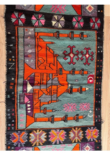100 x 343 cm Turuncu ve Siyah El Dokuması Türk Kilimi, Camii ve Ender Motifler, Yün Yolluk