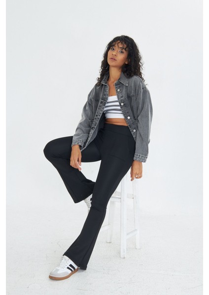 Kadın Siyah Yüksek Bel Toparlayıcı Çift Cepli Ispanyol Paça Tayt Bootcut
