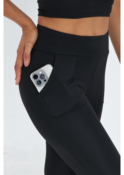 Kadın Siyah Yüksek Bel Toparlayıcı Çift Cepli Ispanyol Paça Tayt Bootcut