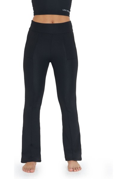 Kadın Siyah Yüksek Bel Toparlayıcı Çift Cepli Ispanyol Paça Tayt Bootcut
