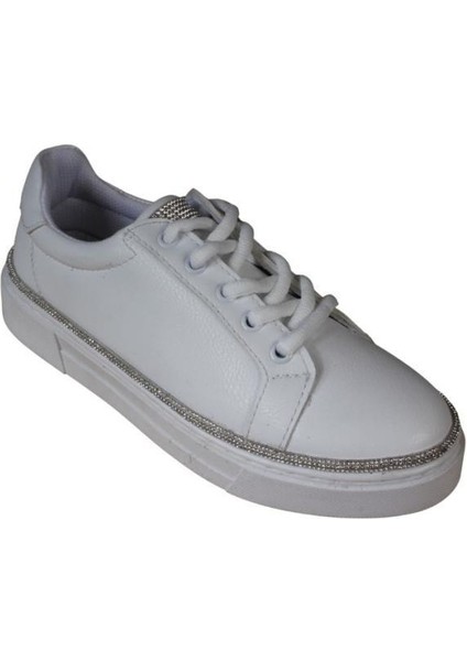 Yazkış Kadın Siyah Beyaz Cilt Yanları ve Dilleri Taşlı Sneaker Spor Ayakkabı