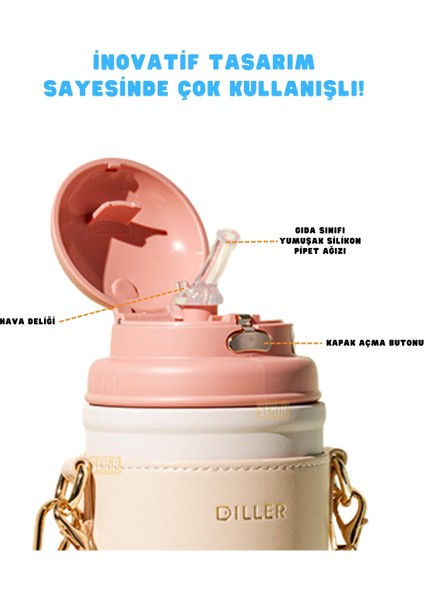 580ML Yeni Koleksiyon Moda Deri Kılıflı Inci Süslü Pipetli Askılı Paslanmaz Çelik Termos Matara fiyatları