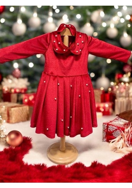 Kız Çocuk Inci Detaylı Tokalı Kadife Özel Gün Elbisesi