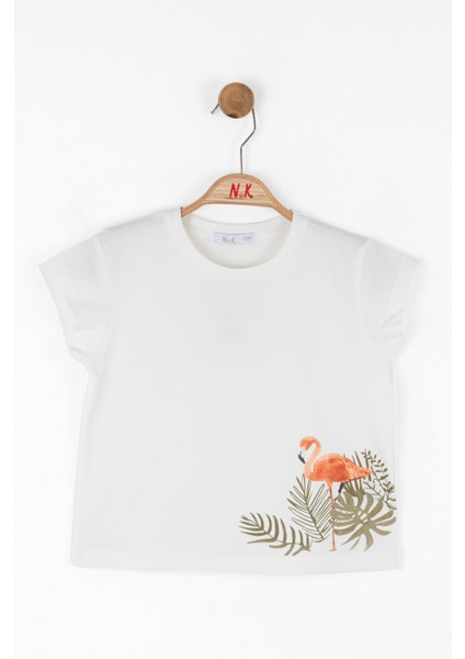 04-08 Yaş Kız Çocuk Flamingo Tema T-Shirt - Ekru