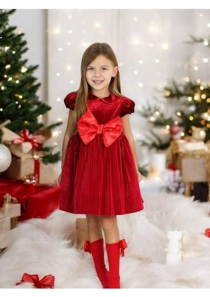 Kız Çocuk Piliseli Kadife Fiyonklu Elbise