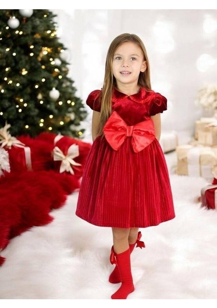 Kız Çocuk Piliseli Kadife Fiyonklu Elbise fiyatları