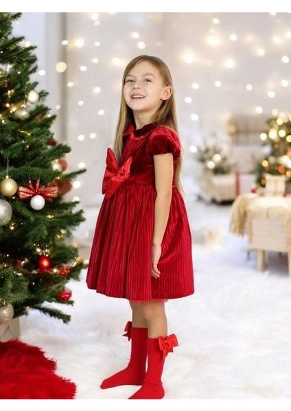 Kız Çocuk Piliseli Kadife Fiyonklu Elbise modelleri