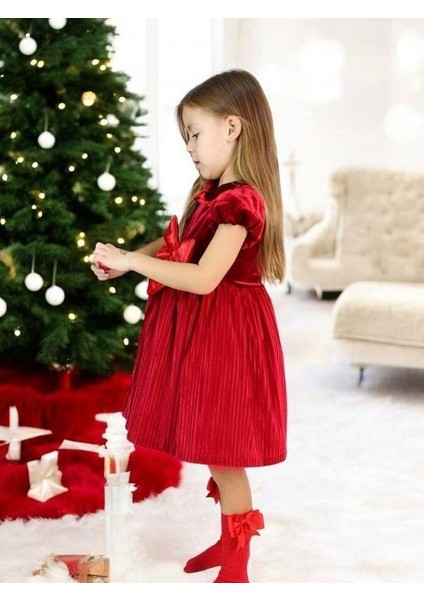 Kız Çocuk Piliseli Kadife Fiyonklu Elbise fırsatları