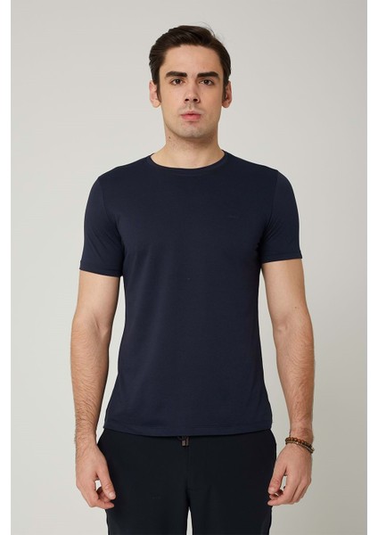 Sıfır Yaka Bisiklet Yaka Penye Likralı Lacivert Erkek Tshirt