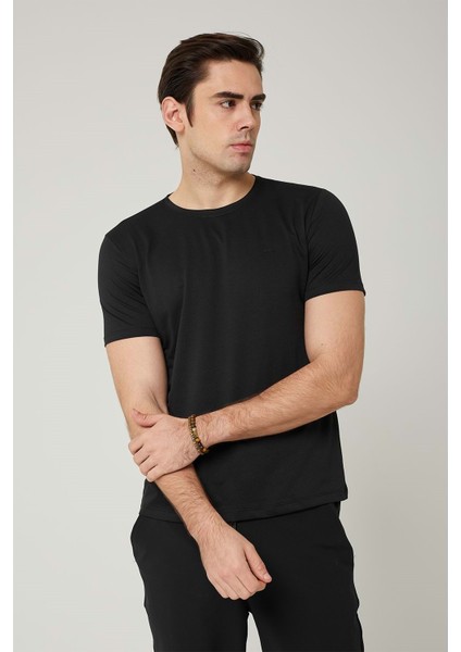 Sıfır Yaka Bisiklet Yaka Penye Likralı Lacivert Erkek Tshirt