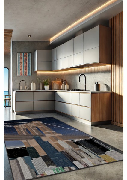 New York Temalı Dekoratif Yıkanabilir Dokuma Kaymaz Tabanlı Modern Salon Halısı Genç Odası Halısı