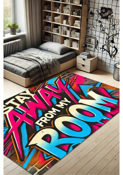 Uzak Dur Sloganlı Genç Odası Halısı Yıkanabilir Kaymaz Tabanlı Halı Protest Genş Kız Odası Halısı