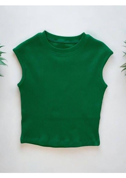 Kız Çocuk Pamuklu Crop Kaşkorse Sıfır Yaka Kolsuz Bluz