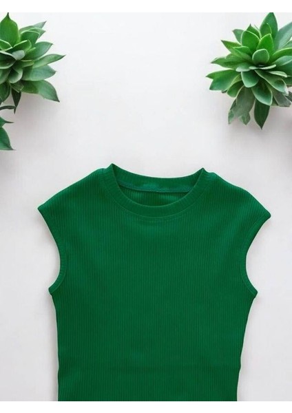 Kız Çocuk Pamuklu Crop Kaşkorse Sıfır Yaka Kolsuz Bluz