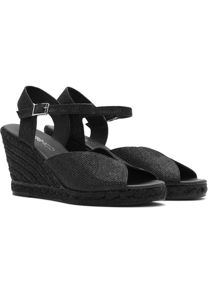 Kadın Siyah Simli Bilekten Tokalı Dolgu Topuklu Espadril Sandalet 25SFD2074SM