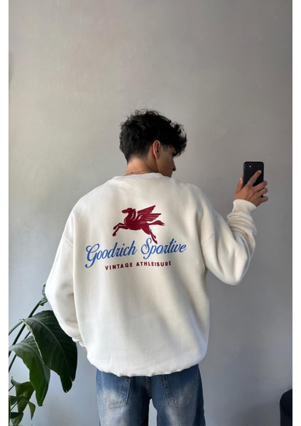 Vintage Baskılı Bisiklet Yaka Sweatshirt