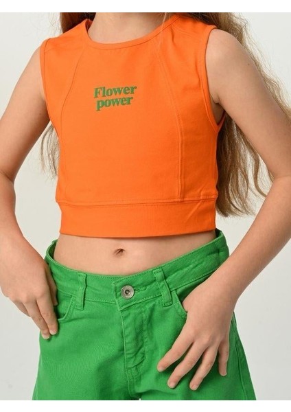 Kız Çocuk Flower Power Yazılı Crop