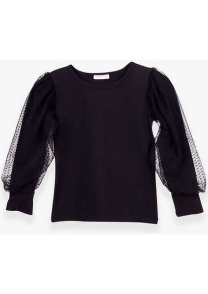 Kız Çocuk Kolları Tül Puantiye Detaylı Bluz