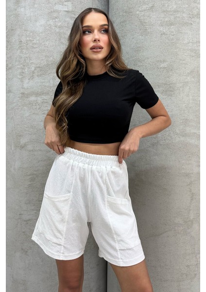 Yüksel Bel Bol Kesim Keten Görünümlü Çift Cepli Şort