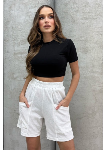 Yüksel Bel Bol Kesim Keten Görünümlü Çift Cepli Şort fiyatları