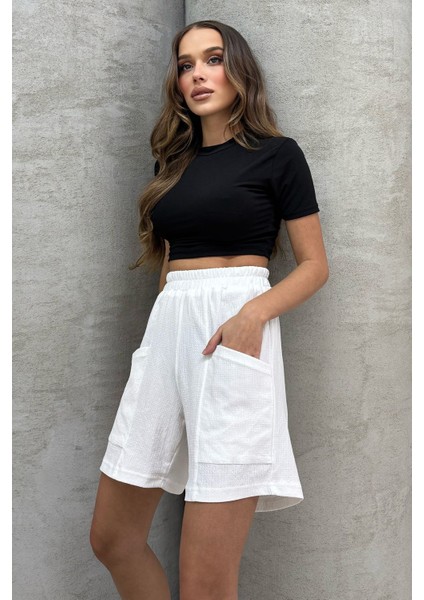 Yüksel Bel Bol Kesim Keten Görünümlü Çift Cepli Şort modelleri