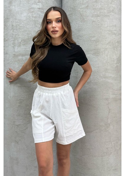 Yüksel Bel Bol Kesim Keten Görünümlü Çift Cepli Şort fırsatları