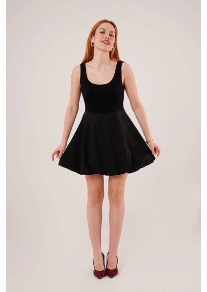 Kalın Askılı Balon Etek Siyah Mini Elbise