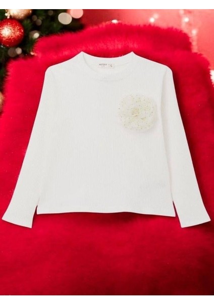 Kız Çocuk Fitilli Çiçek Detaylı Uzun Kollu Bluz