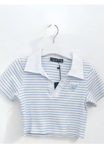 Kız Çocuk Pamuklu Polo Yaka Çizgili Crop Bluz
