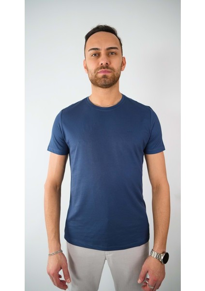 Sıfır Yaka Bisiklet Yaka Penye Likralı Saks Mavi Erkek Tshirt