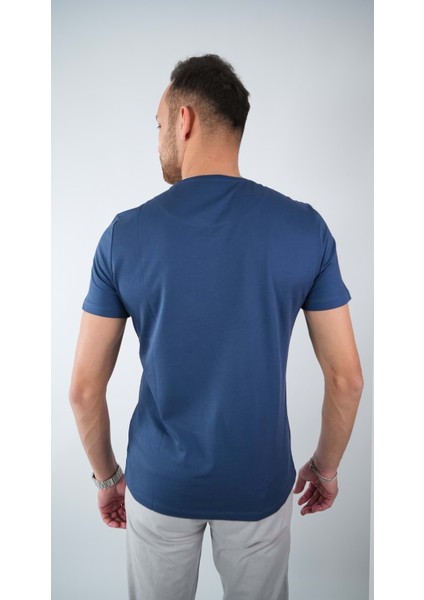 Sıfır Yaka Bisiklet Yaka Penye Likralı Saks Mavi Erkek Tshirt