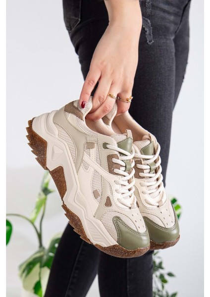 Kadın Yüksek Taban Sneaker Bağcıklı Spor Ayakkabı - Bej-Yeşil