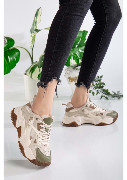 Kadın Yüksek Taban Sneaker Bağcıklı Spor Ayakkabı - Bej-Yeşil fiyatları