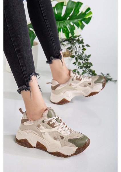 Kadın Yüksek Taban Sneaker Bağcıklı Spor Ayakkabı - Bej-Yeşil modelleri