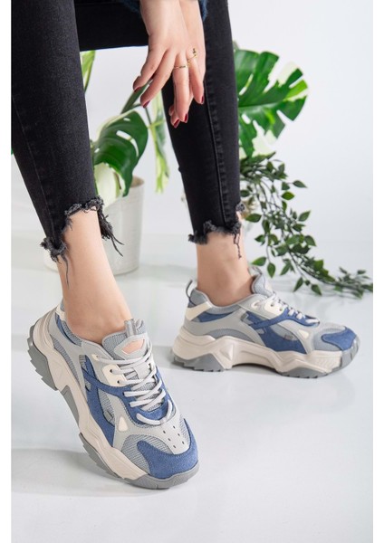 Kadın Yüksek Taban Sneaker Bağcıklı Spor Ayakkabı - Mavi-Gri