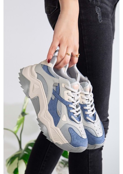 Kadın Yüksek Taban Sneaker Bağcıklı Spor Ayakkabı - Mavi-Gri fiyatları