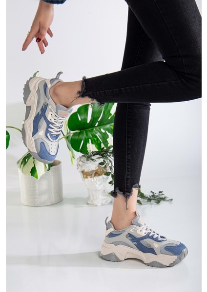 Kadın Yüksek Taban Sneaker Bağcıklı Spor Ayakkabı - Mavi-Gri modelleri