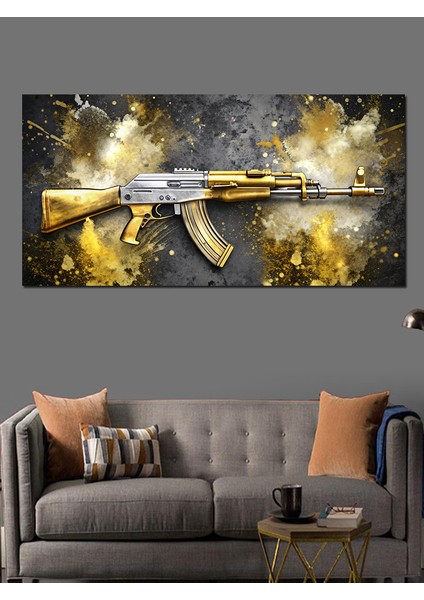 Kanvas Tablo Altın Detaylı Ak-47