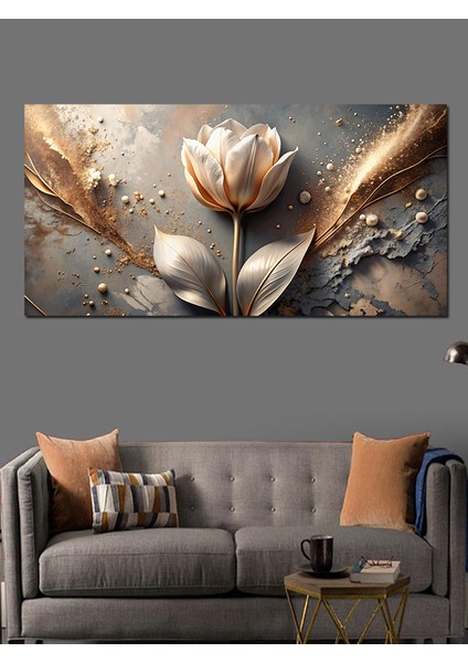 Kanvas Tablo Altın Detaylı Beyaz Gül