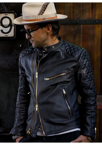 Prof Model Kapitone Dikim Detaylı Hakiki Koyun Derisi Biker Mont