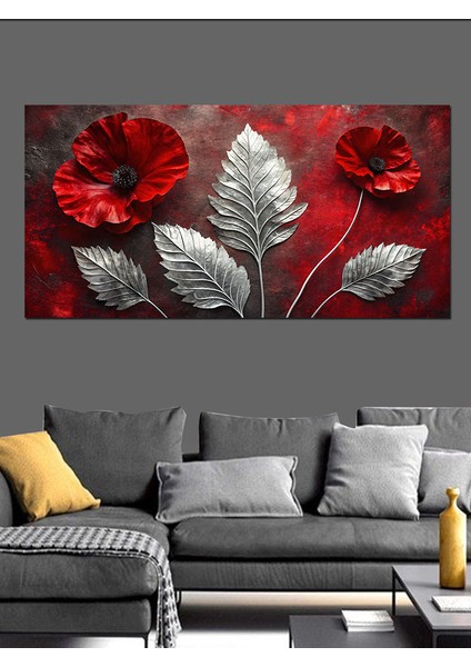 Kanvas Tablo Gümüş Yapraklar ve Kırmızı Çiçekler