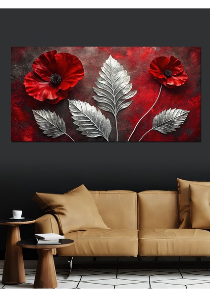 Kanvas Tablo Gümüş Yapraklar ve Kırmızı Çiçekler modelleri