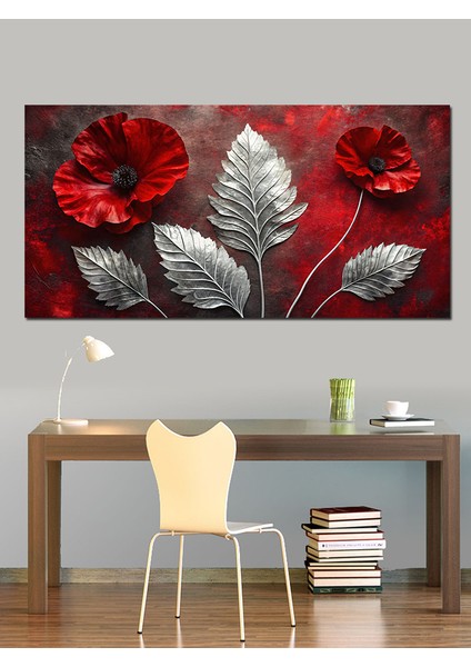 Kanvas Tablo Gümüş Yapraklar ve Kırmızı Çiçekler fırsatları