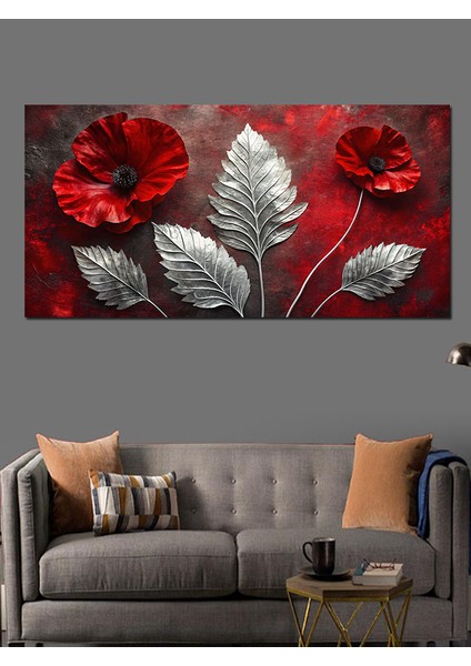 Kanvas Tablo Gümüş Yapraklar ve Kırmızı Çiçekler indirimleri