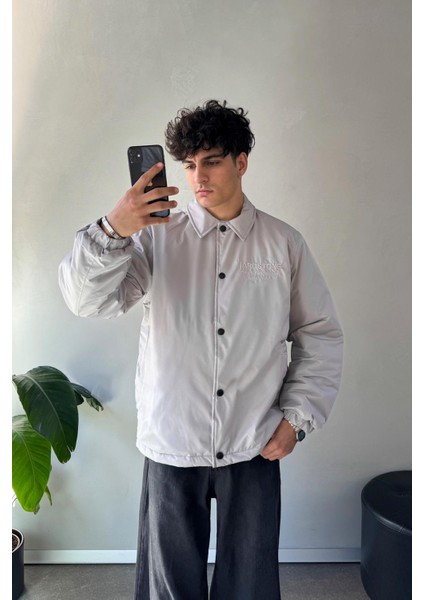 Hardstone Nakışlı Gri Oversize Ceket