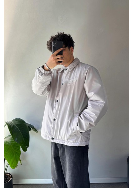 Hardstone Nakışlı Gri Oversize Ceket